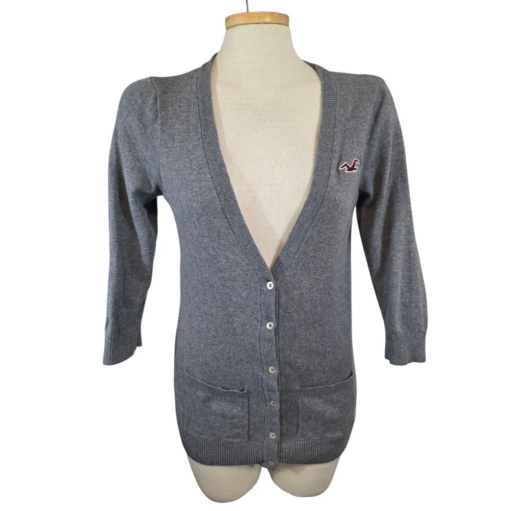 Hollister Sweater Cardigan Large Gray Button Front V-neck Y2K Preppy